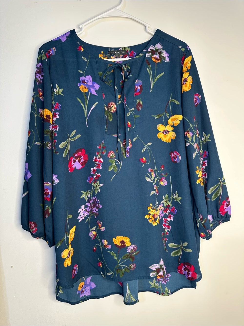 Floral Tie-Neck Blouse - Teal Multi